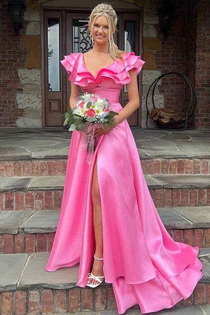 Silky Satin V Neck Ruffles Hot Pink Prom Dresses Formal Dresses