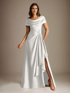Vestido de madre de la novia de satén elástico, corte A, largo hasta el suelo, con escote redondo y volantes en cascada