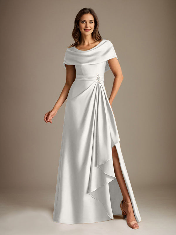 Vestido de madre de la novia de satén elástico, corte A, largo hasta el suelo, con escote redondo y volantes en cascada
