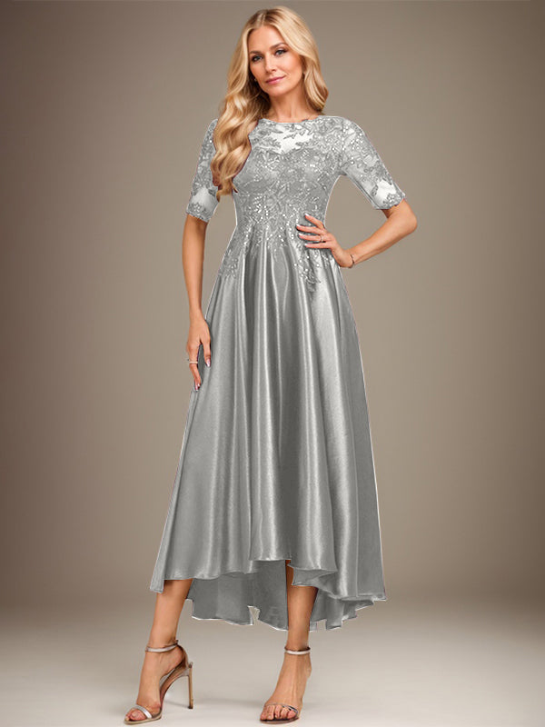 Vestido de madre de la novia de encaje satinado elástico asimétrico con ilusión de escote redondo y lentejuelas