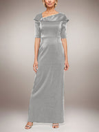 Vestido largo de columna brillante con puños doblados, escote en L y mangas hasta el codo