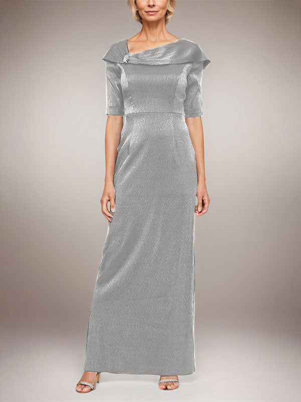 Vestido largo de columna brillante con puños doblados, escote en L y mangas hasta el codo