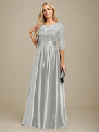 Vestido de madre de la novia de satén elástico con encaje, corte A, escote ilusión, largo hasta el suelo, con lazo y lentejuelas