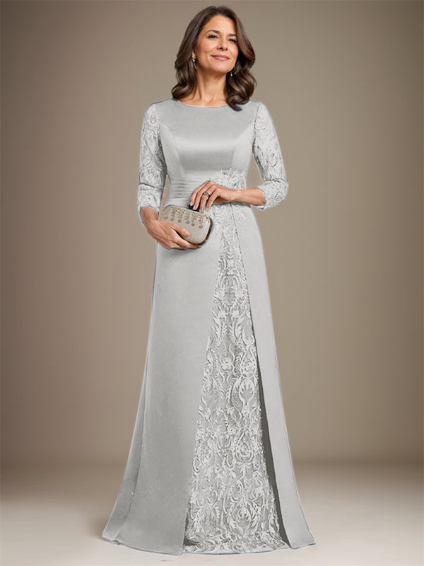 Vestido de madre de la novia de satén con encaje, corte A, largo hasta el suelo y apliques