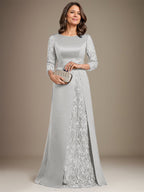 Vestido de madre de la novia de satén con encaje, corte A, largo hasta el suelo y apliques