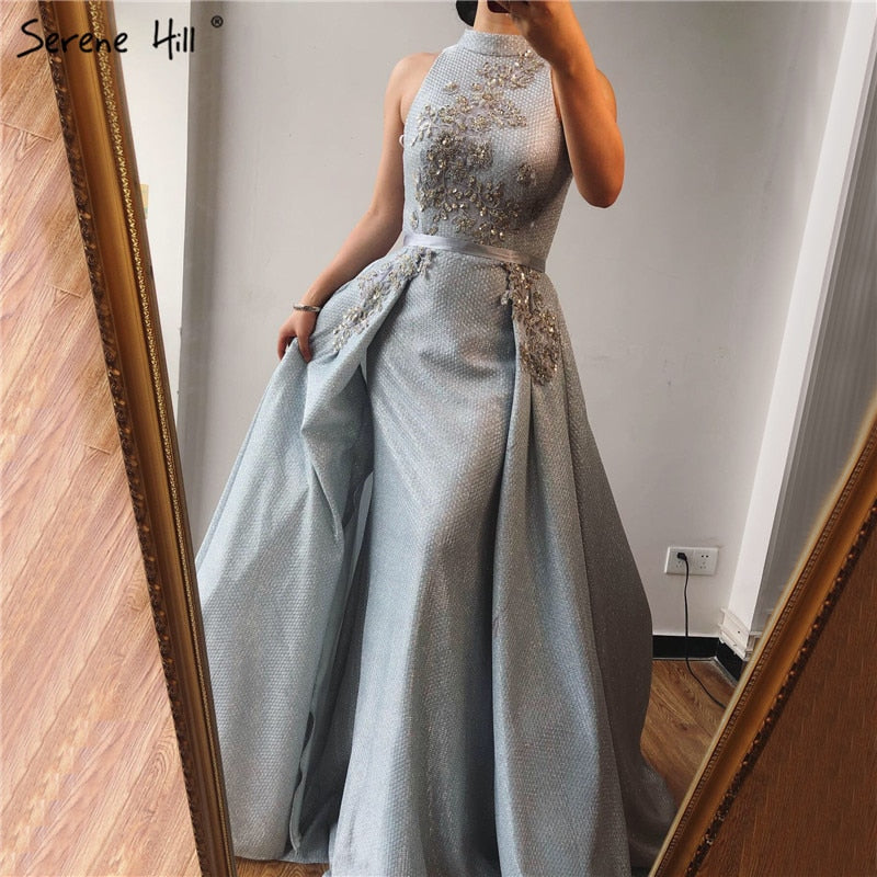 Verkauf Silber Dubai Ärmellose Sexy Abendkleider 2025 Perlen Pailletten Meerjungfrau Abendkleider Design Real Photo LA70215 