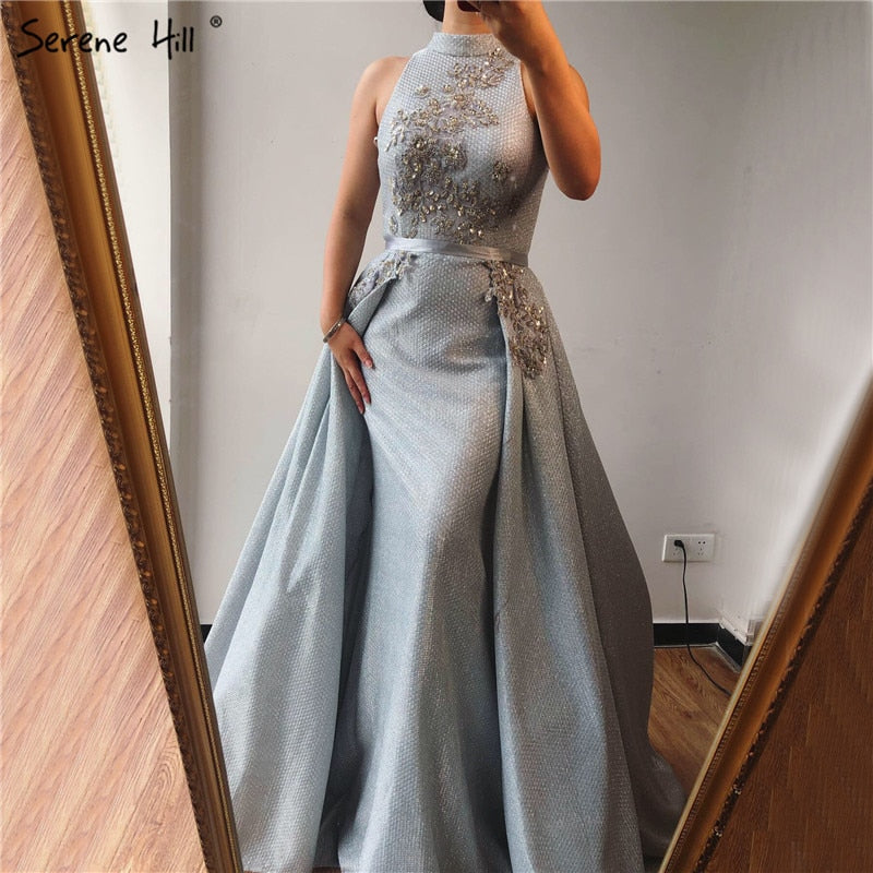 Verkauf Silber Dubai Ärmellose Sexy Abendkleider 2025 Perlen Pailletten Meerjungfrau Abendkleider Design Real Photo LA70215 