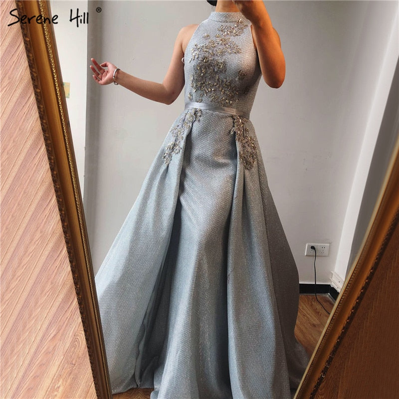 Verkauf Silber Dubai Ärmellose Sexy Abendkleider 2025 Perlen Pailletten Meerjungfrau Abendkleider Design Real Photo LA70215 