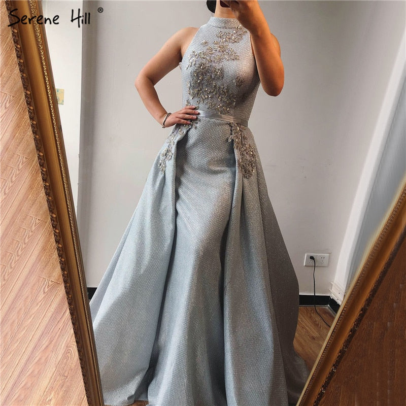 Verkauf Silber Dubai Ärmellose Sexy Abendkleider 2025 Perlen Pailletten Meerjungfrau Abendkleider Design Real Photo LA70215 
