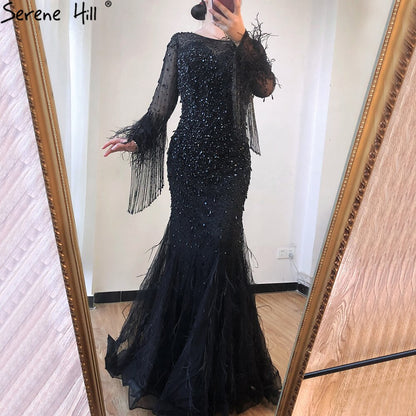 Vestido de noche de lujo con plumas y cristales, cuello redondo y manga larga, color negro, LA60912