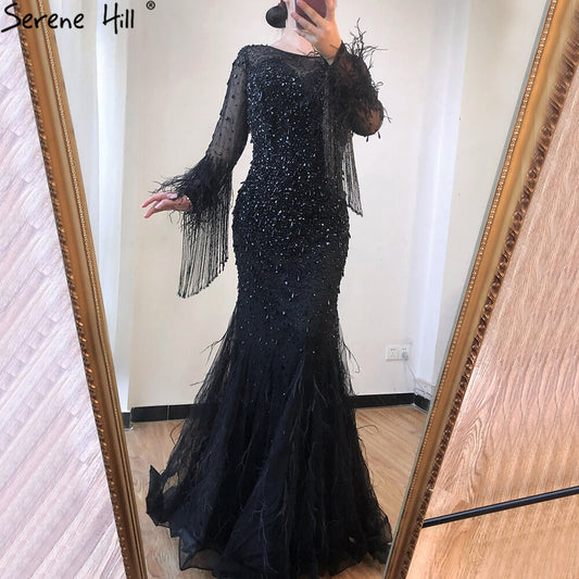 Vestido de noche de lujo con plumas y cristales, cuello redondo y manga larga, color negro, LA60912