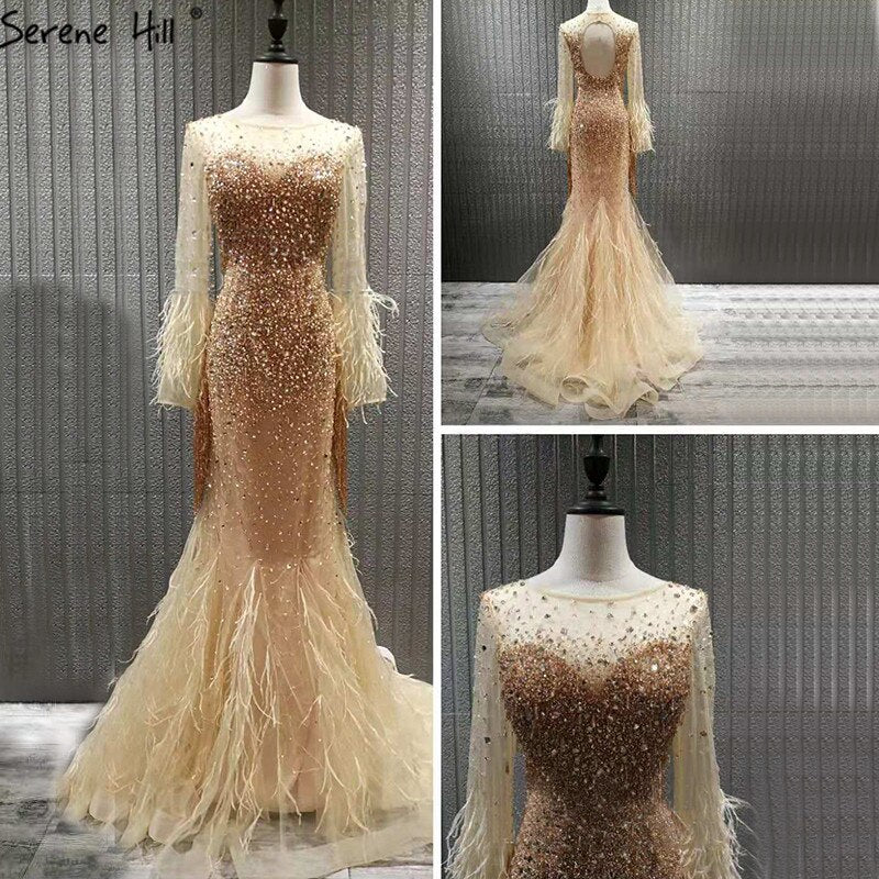 Vestido de noche de lujo con plumas y cristales, cuello redondo y manga larga, color negro, LA60912