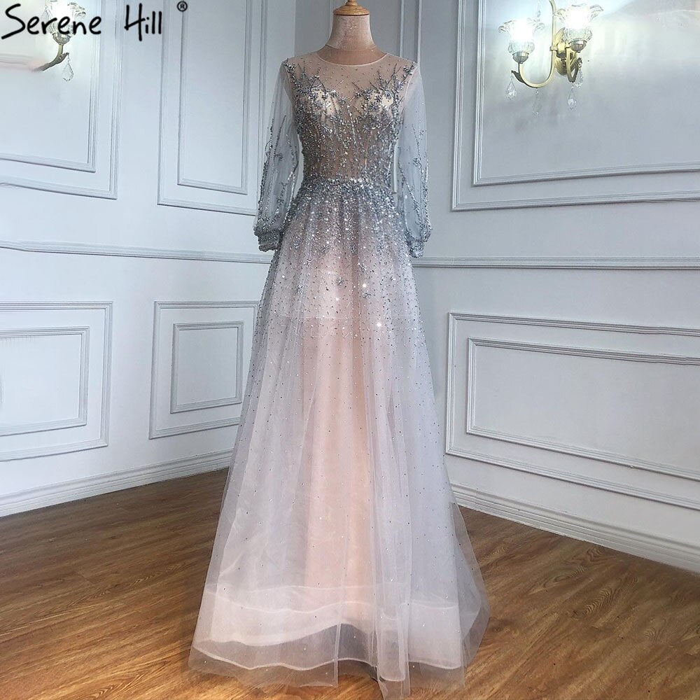 Silber Luxus Langen Ärmeln Dubai Abendkleider 2025 A-linie Pailletten Perlen Sexy Formale Kleid LA70418 