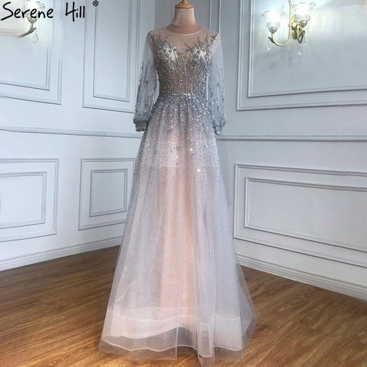 Silber Luxus Langen Ärmeln Dubai Abendkleider 2025 A-linie Pailletten Perlen Sexy Formale Kleid LA70418 