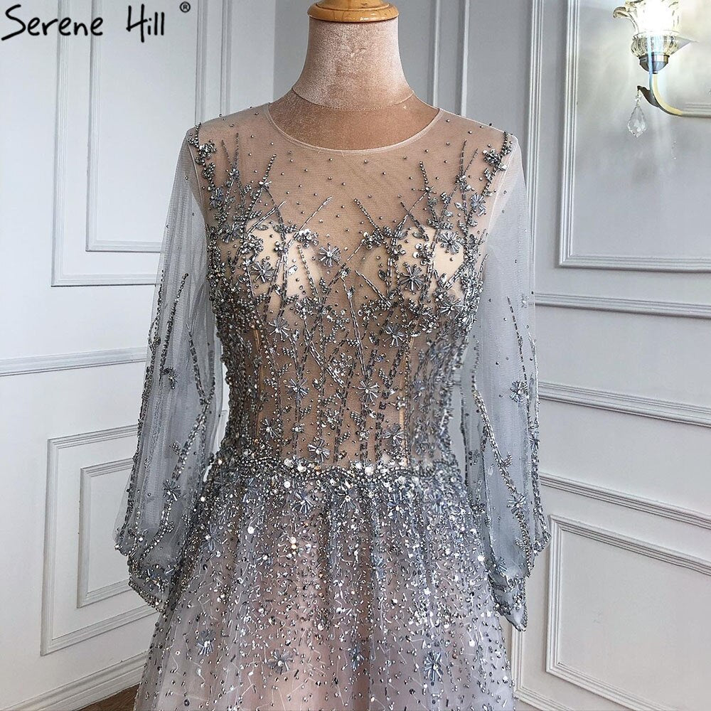 Silber Luxus Langen Ärmeln Dubai Abendkleider 2025 A-linie Pailletten Perlen Sexy Formale Kleid LA70418 
