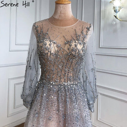 Silber Luxus Langen Ärmeln Dubai Abendkleider 2025 A-linie Pailletten Perlen Sexy Formale Kleid LA70418 
