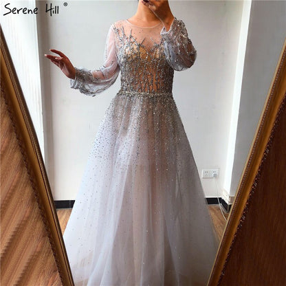 Silber Luxus Langen Ärmeln Dubai Abendkleider 2025 A-linie Pailletten Perlen Sexy Formale Kleid LA70418 
