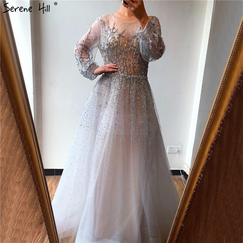 Silber Luxus Langen Ärmeln Dubai Abendkleider 2025 A-linie Pailletten Perlen Sexy Formale Kleid LA70418 