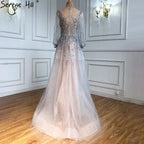Silber Luxus Langen Ärmeln Dubai Abendkleider 2025 A-linie Pailletten Perlen Sexy Formale Kleid LA70418 