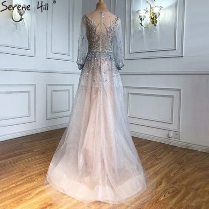 Silber Luxus Langen Ärmeln Dubai Abendkleider 2025 A-linie Pailletten Perlen Sexy Formale Kleid LA70418 
