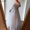 Silber Luxus Langen Ärmeln Dubai Abendkleider 2025 A-linie Pailletten Perlen Sexy Formale Kleid LA70418 