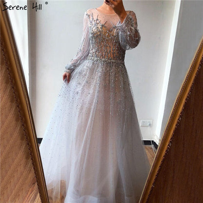 Silber Luxus Langen Ärmeln Dubai Abendkleider 2025 A-linie Pailletten Perlen Sexy Formale Kleid LA70418 