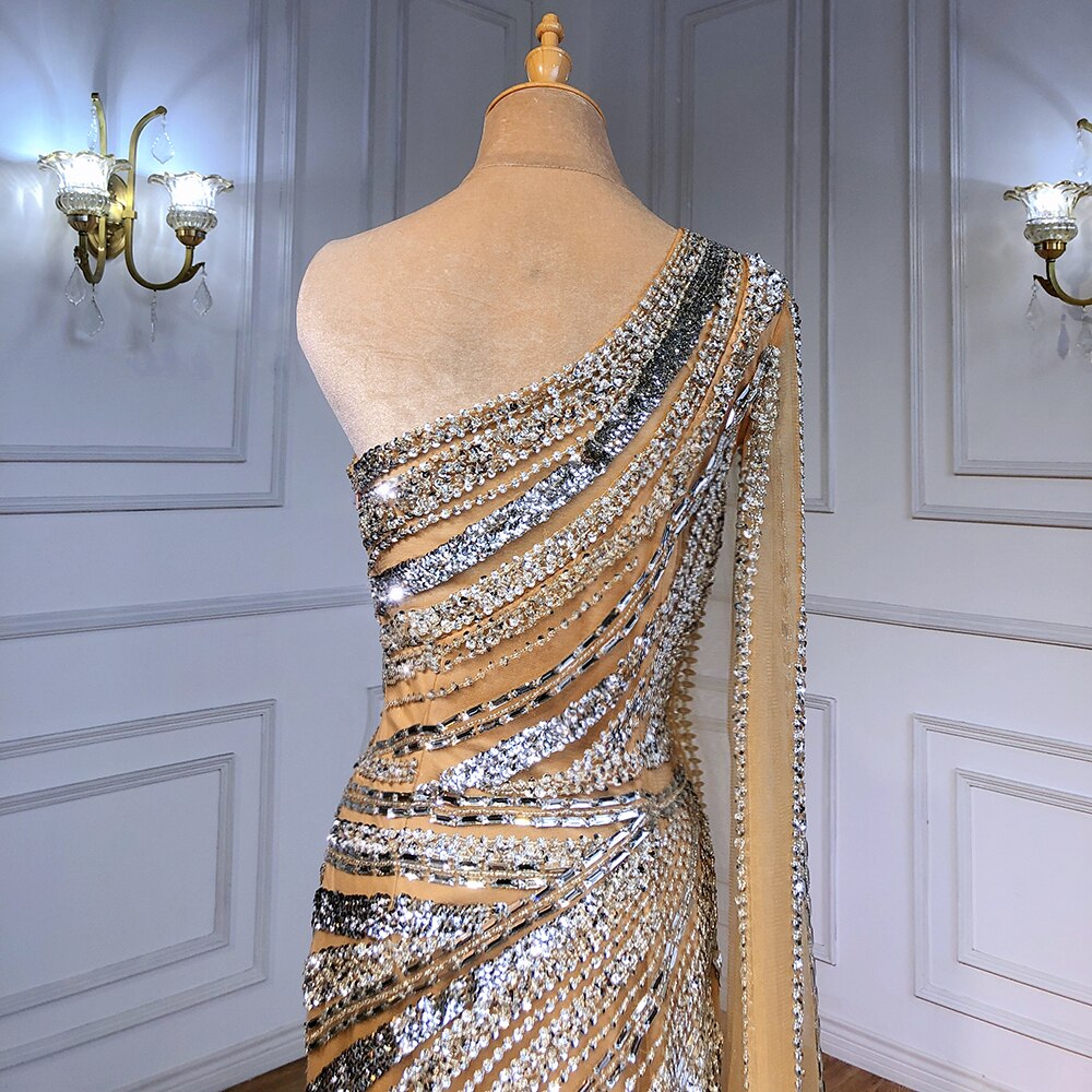 Silber Nude Meerjungfrau Luxus Abendkleider Kleider 2025 Elegant Eine Schulter Perlen Für Frauen Party Nacht LA71413 