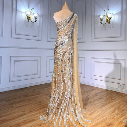 Silber Nude Meerjungfrau Luxus Abendkleider Kleider 2025 Elegant Eine Schulter Perlen Für Frauen Party Nacht LA71413 
