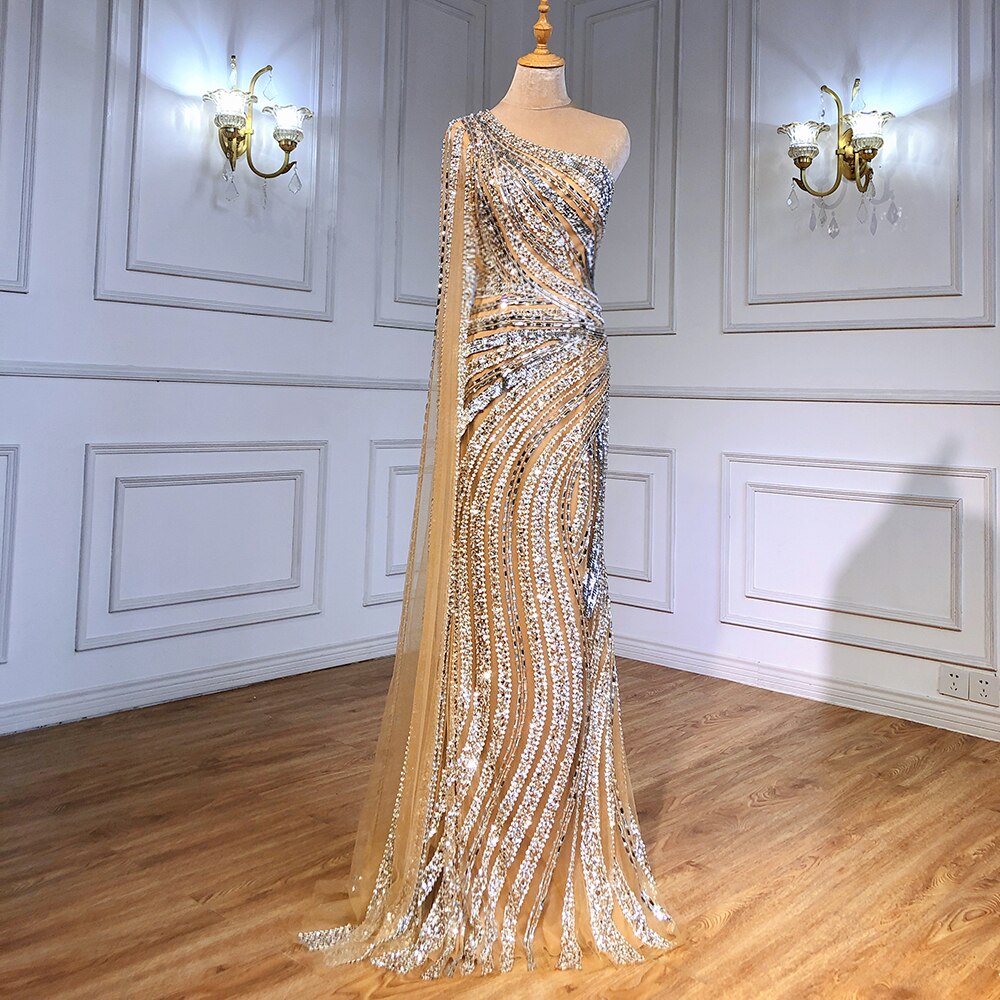 Silber Nude Meerjungfrau Luxus Abendkleider Kleider 2025 Elegant Eine Schulter Perlen Für Frauen Party Nacht LA71413 
