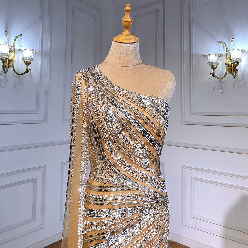 Silber Nude Meerjungfrau Luxus Abendkleider Kleider 2025 Elegant Eine Schulter Perlen Für Frauen Party Nacht LA71413 