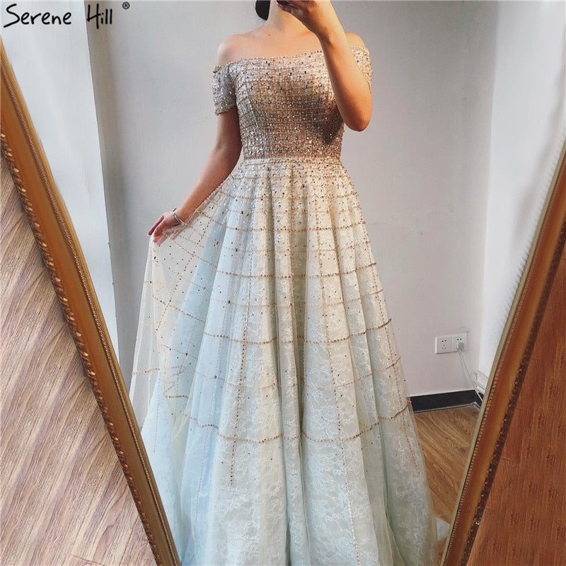 Vestidos de noche plateados de manga corta con hombros descubiertos, corte A, con cuentas y diamantes, estilo Dubái, LA70263