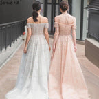 Vestidos de noche plateados de manga corta con hombros descubiertos, corte A, con cuentas y diamantes, estilo Dubái, LA70263