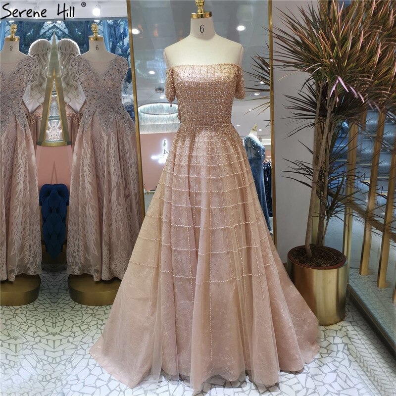 Vestidos de noche plateados de manga corta con hombros descubiertos, corte A, con cuentas y diamantes, estilo Dubái, LA70263
