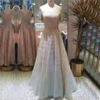 Vestidos de noche plateados de manga corta con hombros descubiertos, corte A, con cuentas y diamantes, estilo Dubái, LA70263