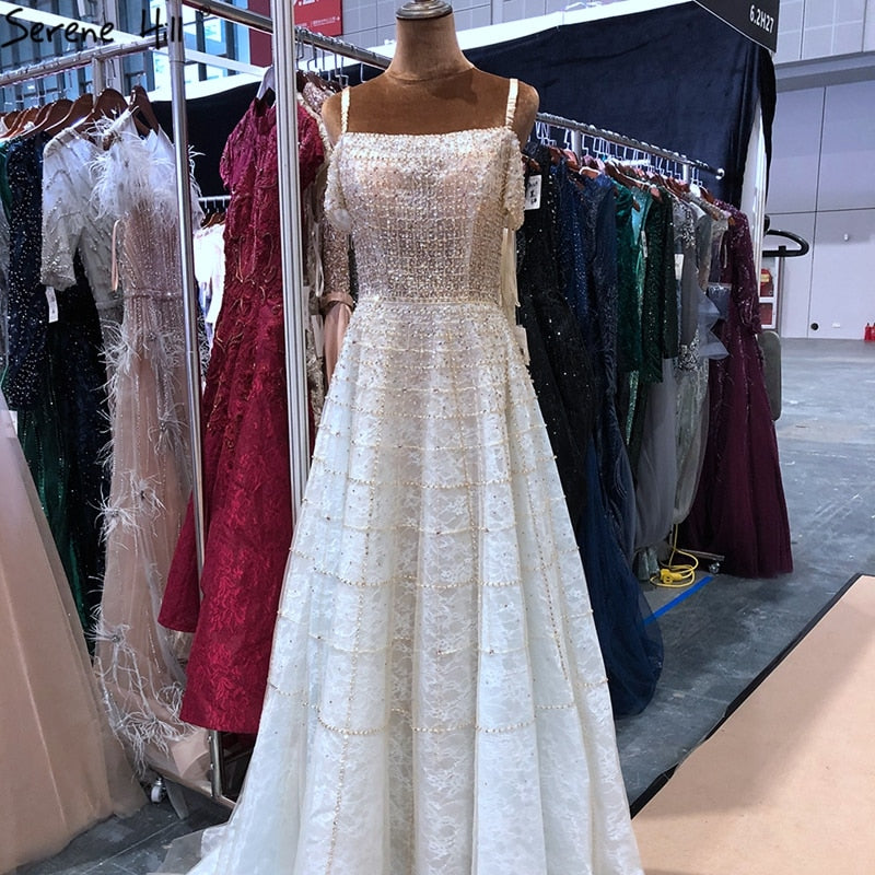 Vestidos de noche plateados de manga corta con hombros descubiertos, corte A, con cuentas y diamantes, estilo Dubái, LA70263