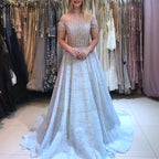 Vestidos de noche plateados de manga corta con hombros descubiertos, corte A, con cuentas y diamantes, estilo Dubái, LA70263