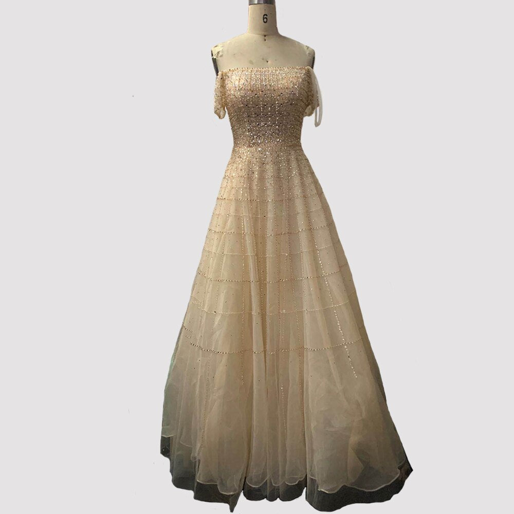 Vestidos de noche plateados de manga corta con hombros descubiertos, corte A, con cuentas y diamantes, estilo Dubái, LA70263