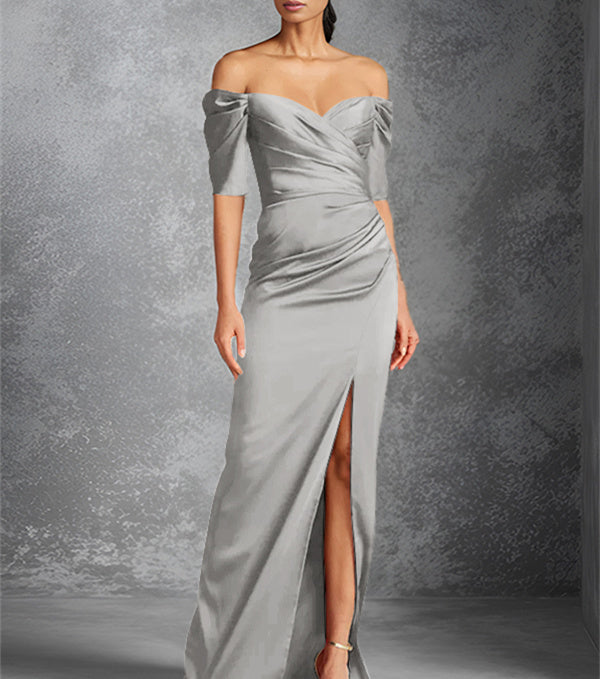 Vestidos para madre de la novia con corte tubo, hombros descubiertos, mangas cortas y largo hasta el suelo con abertura frontal