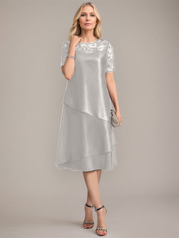 Vestido de madre de la novia con corte en A, escote redondo y largo hasta la rodilla, con apliques y lentejuelas