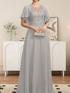 Vestido de gasa con encaje y lentejuelas para madre de la novia, corte A, escote ilusión, largo hasta el suelo