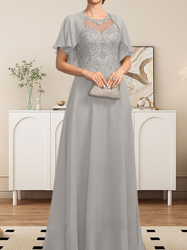 Vestido de gasa con encaje y lentejuelas para madre de la novia, corte A, escote ilusión, largo hasta el suelo