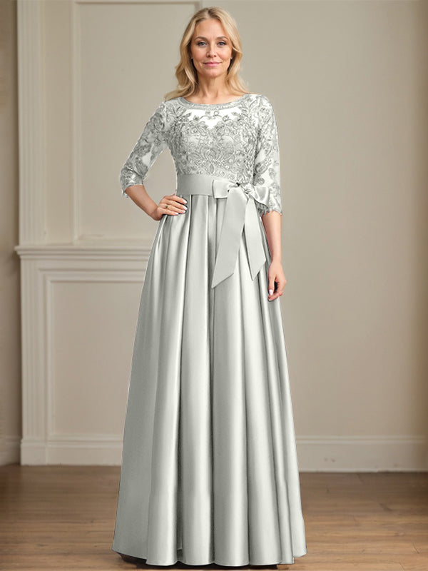 Vestido de madre de la novia de satén con encaje, corte A, escote ilusión, largo hasta el suelo, con lazo de lentejuelas