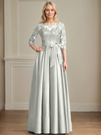 Vestido de madre de la novia de satén con encaje, corte A, escote ilusión, largo hasta el suelo, con lazo de lentejuelas