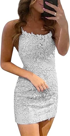 Vestidos de fiesta sin mangas con tirantes finos y encaje azul de columna corta 