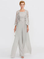 3-teiliger Chiffon-Hosenanzug mit quadratischem Ausschnitt und Jacke für die Mutter der Braut 