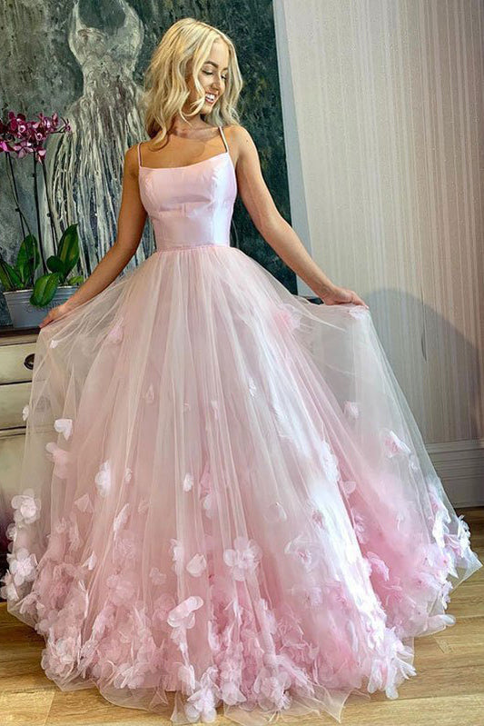 Arabella | A-Linien-Ballkleid aus rosa Tüll mit Spaghettiträgern