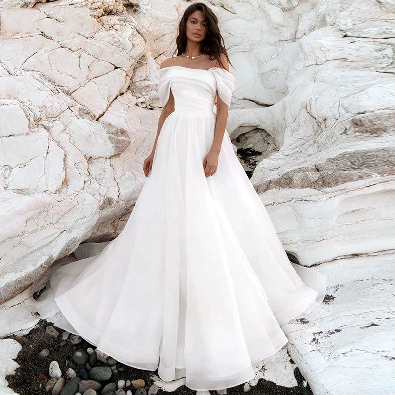 Simple A-Line Bohemian Bridal Dresses Women's Sexy Off Shoulder White Pleated Tulle Beach Formal Prom Party Fashion 2023 Wedding-payinti