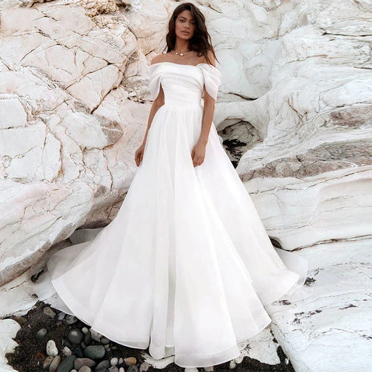 Simple A-Line Bohemian Bridal Dresses Women's Sexy Off Shoulder White Pleated Tulle Beach Formal Prom Party Fashion 2023 Wedding-payinti
