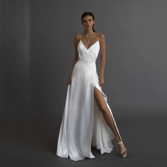 Simple A Line Satin Wedding Dress V Neckline Spaghetti Straps Bridal Gown Sexy High Split Backless Vestido De Novia Custom Made-payinti