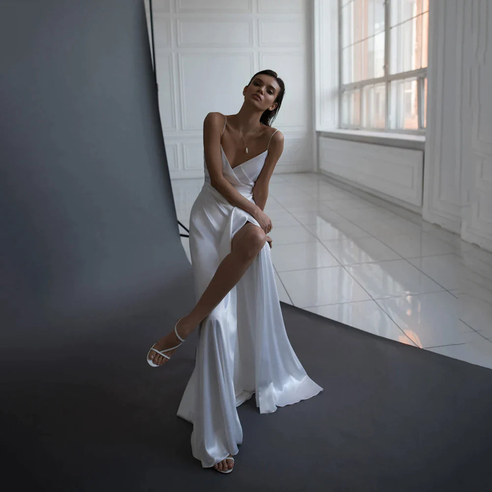 Simple A Line Satin Wedding Dress V Neckline Spaghetti Straps Bridal Gown Sexy High Split Backless Vestido De Novia Custom Made-payinti